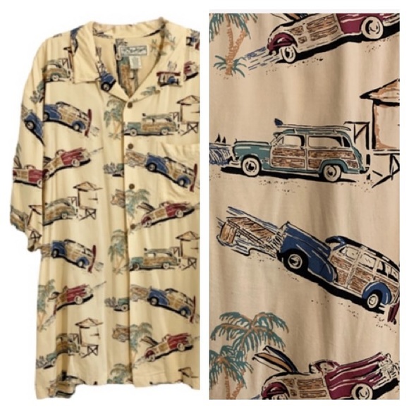 Vintage Hawaiian Shirt Woodie Cars Rayon Short Sleeve Relaxed Fit Shirt - Picture 10 of 11